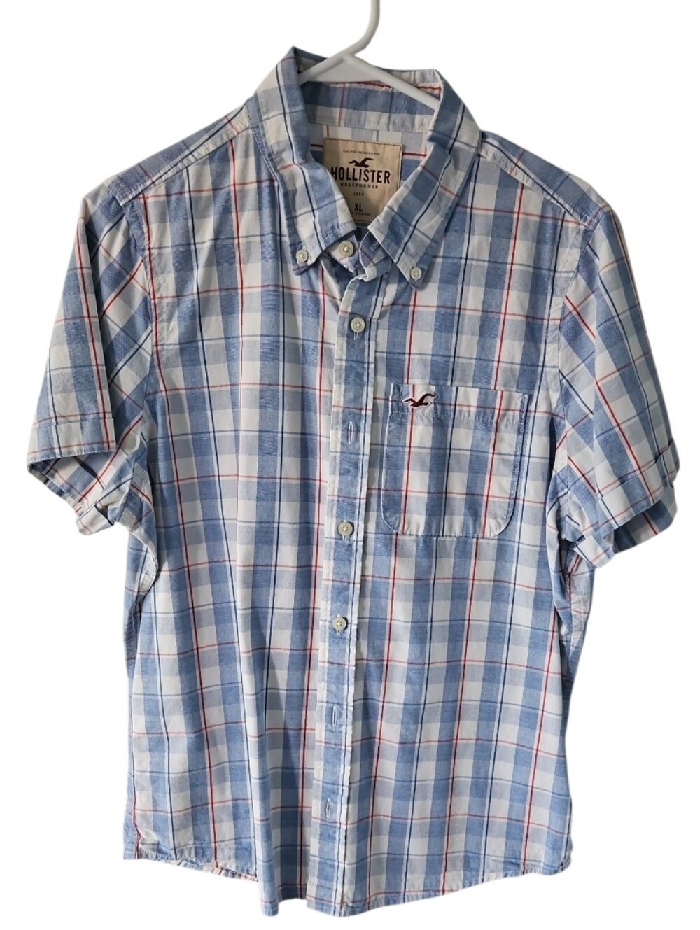 Hollister Men's Red, White, And Blue Plaid Short-Sleeve Button-Down Shirt Sz XL